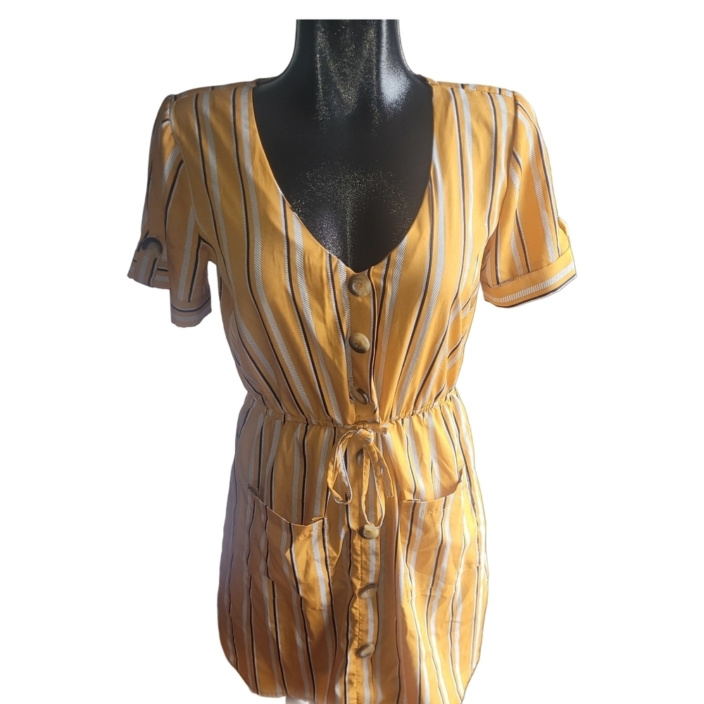 Indulge Yellow Striped Faux Button Short Sleeve Shirt Dress Size M